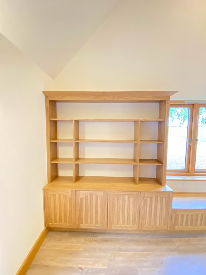 Oak cabinetry from side angle showing depth