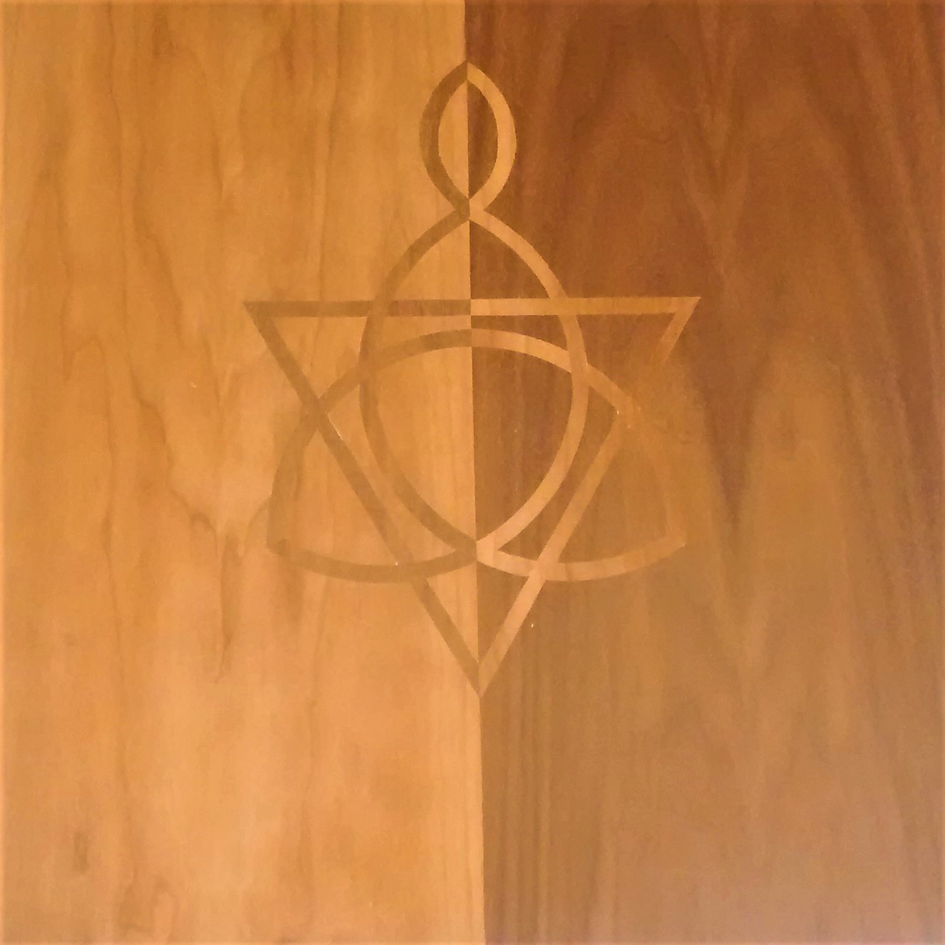 Celtic knot cross inlay in contrasting hardwoods