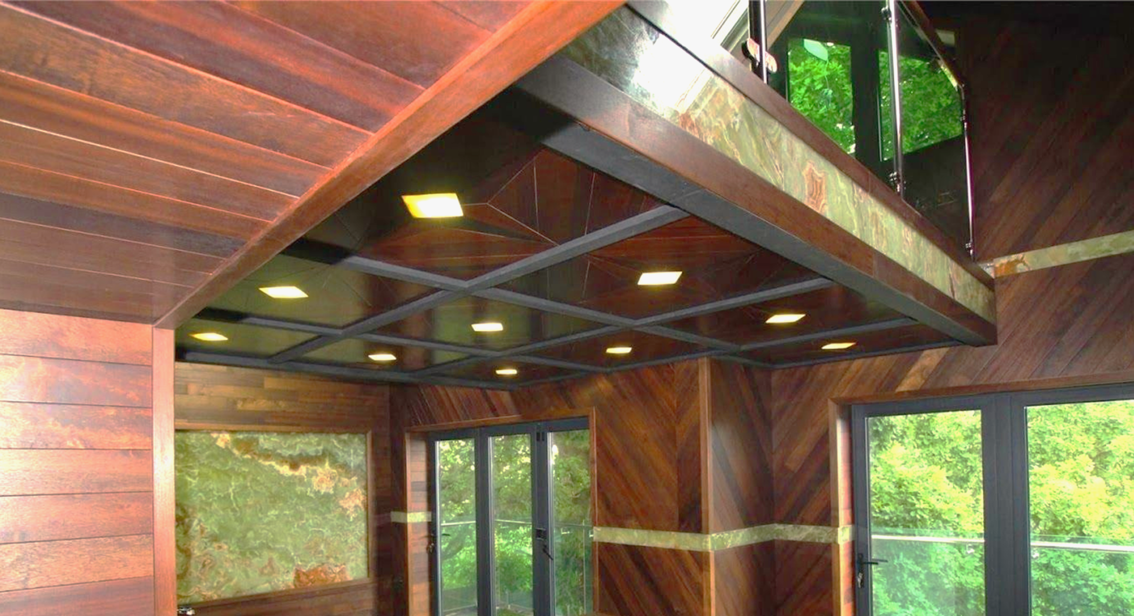 Luxury walnut kitchen with coffered ceiling and onyx backsplash - The Bristol Residence